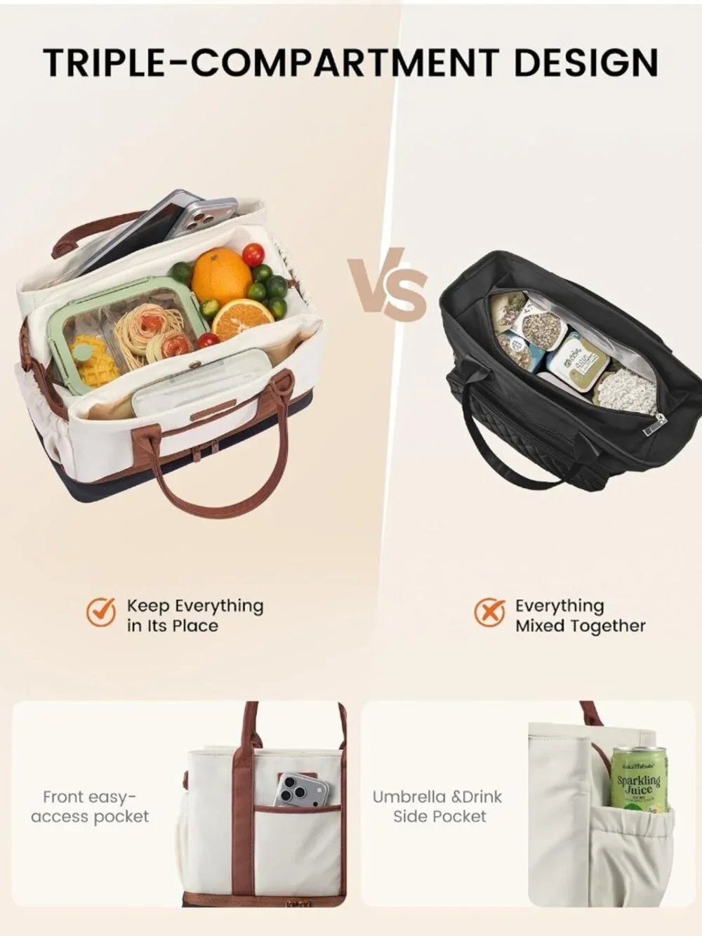 Stylish Insulated Lunch Bag for Women - Triple Compartments & Bottle Holder